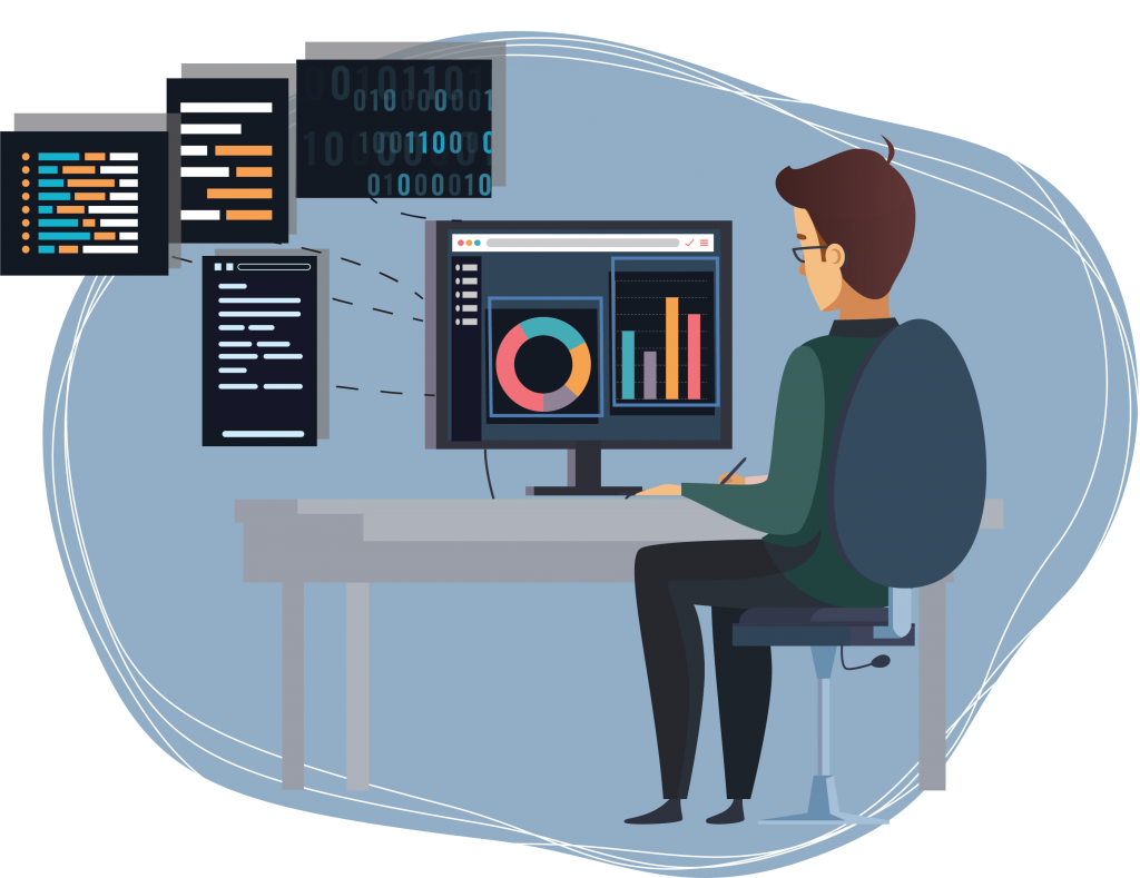 Een illustratie van het Timformatie‑team aan de slag met data